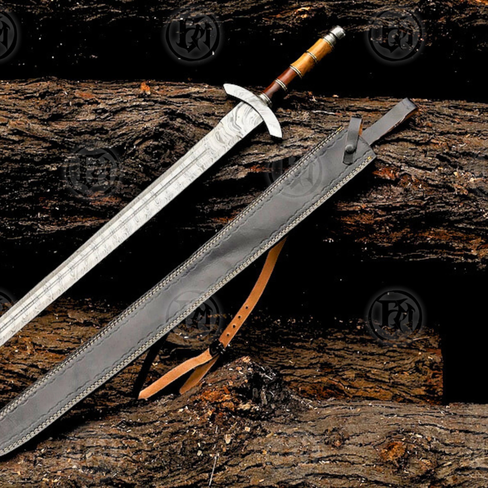 Premium Viking Damascus Sword Replica with Ash Wood Plaque