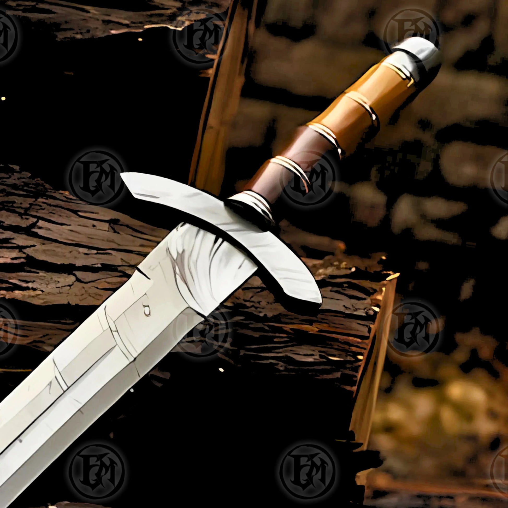 Premium Viking Damascus Sword Replica with Ash Wood Plaque