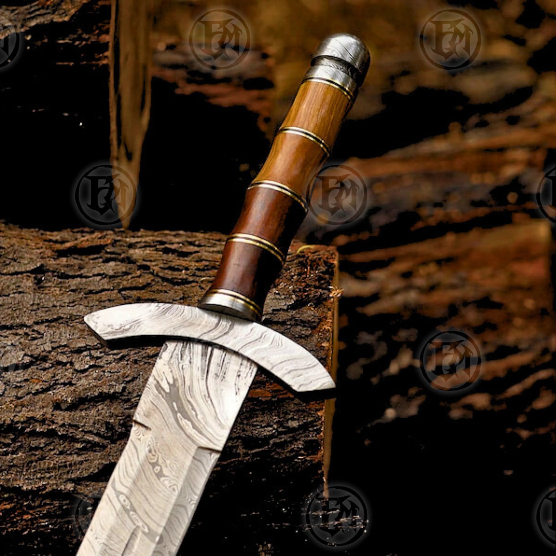 Premium Viking Damascus Sword Replica with Ash Wood Plaque