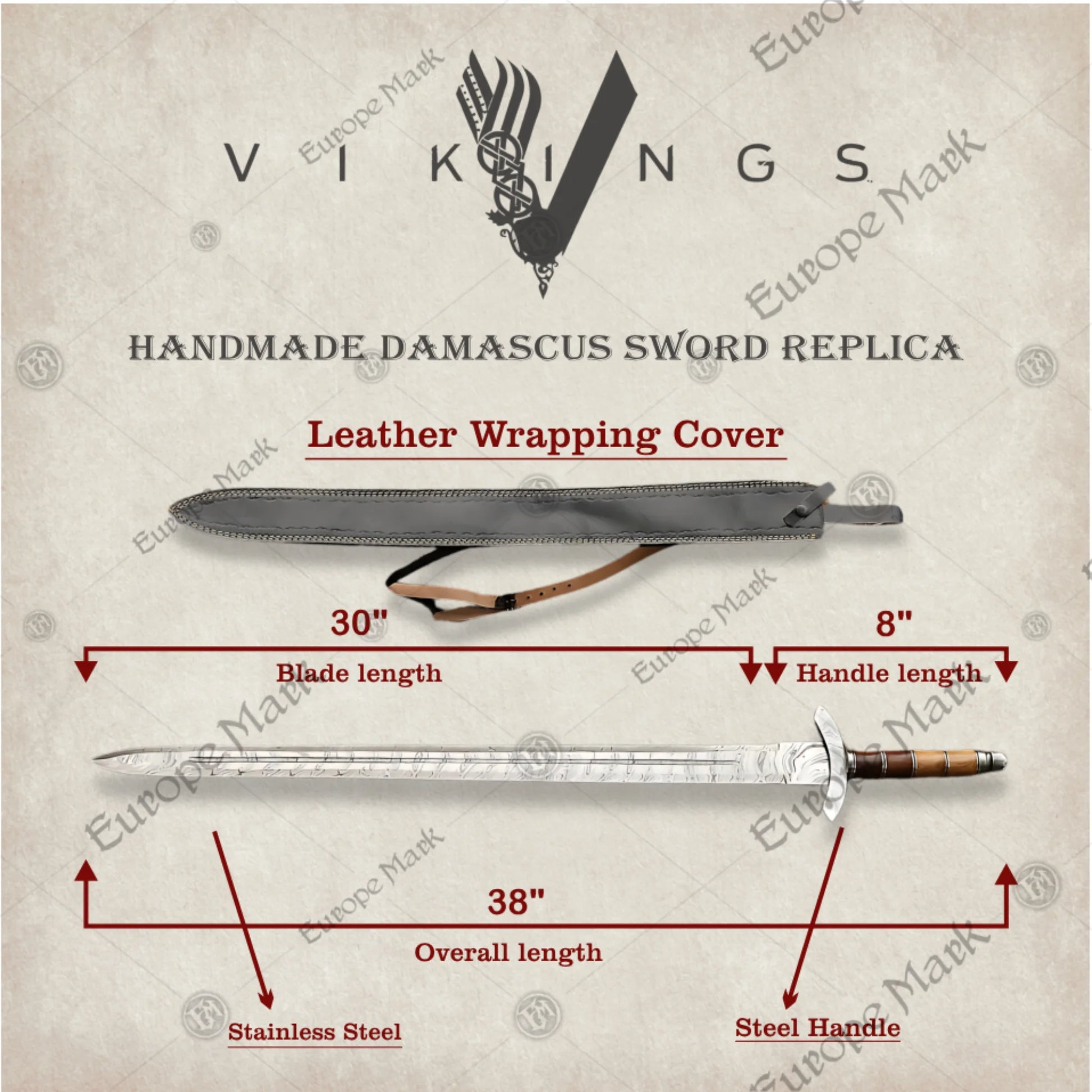 Premium Viking Damascus Sword Replica with Ash Wood Plaque