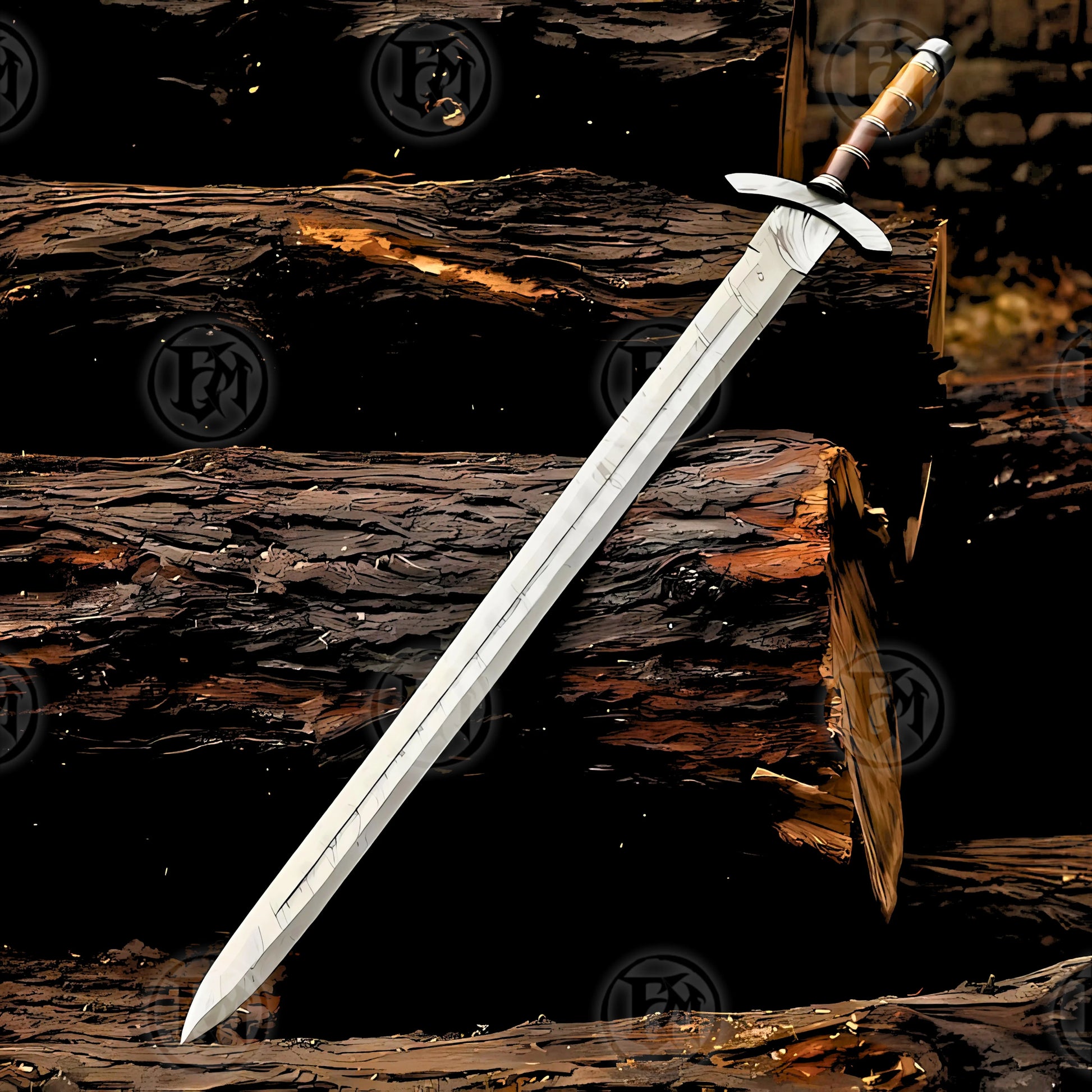 Premium Viking Damascus Sword Replica with Ash Wood Plaque