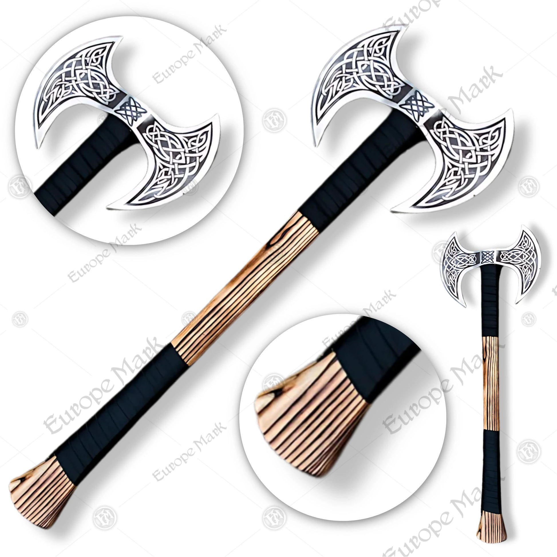 Premium Viking Double-Headed Axe with Oak Display Stand