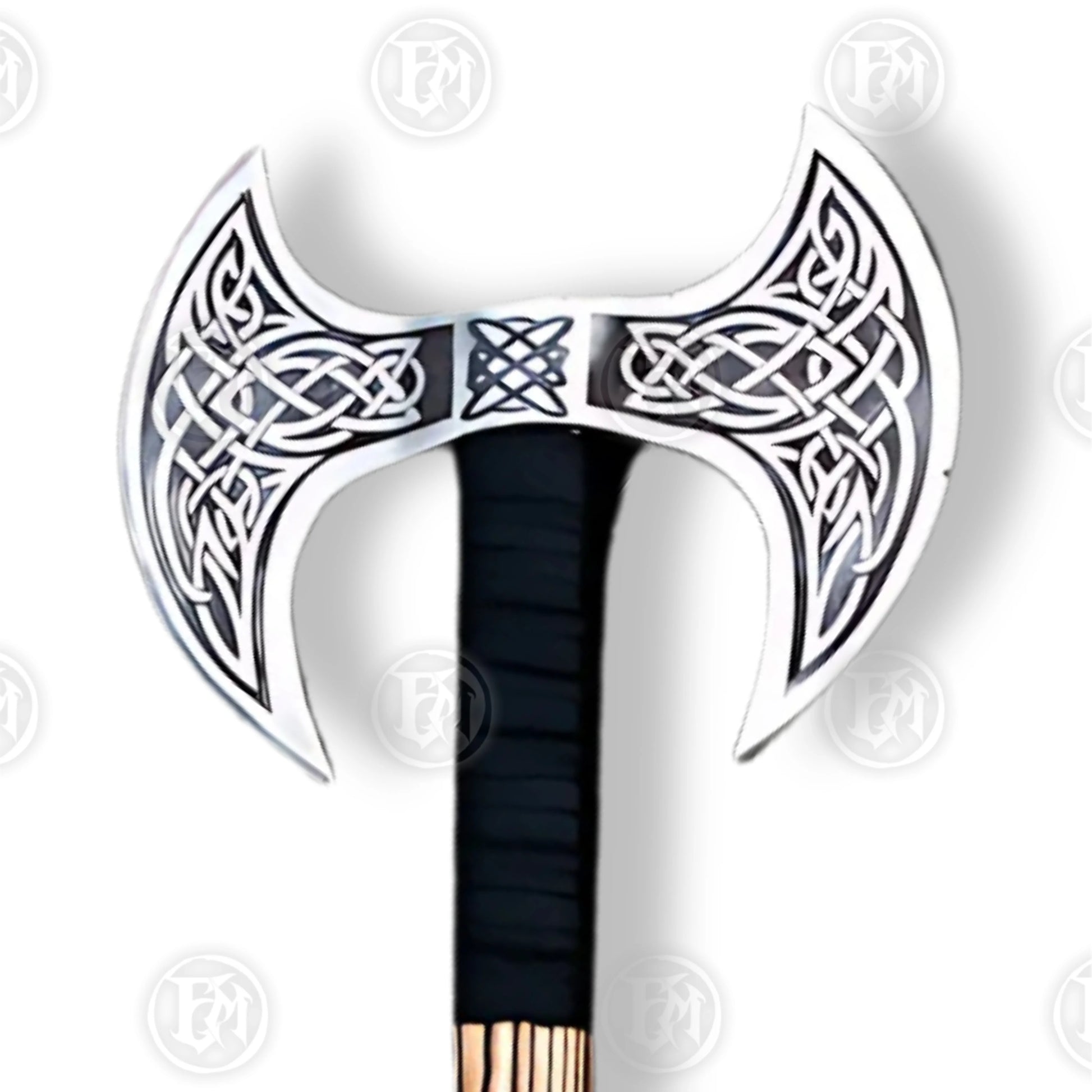 Premium Viking Double-Headed Axe with Oak Display Stand