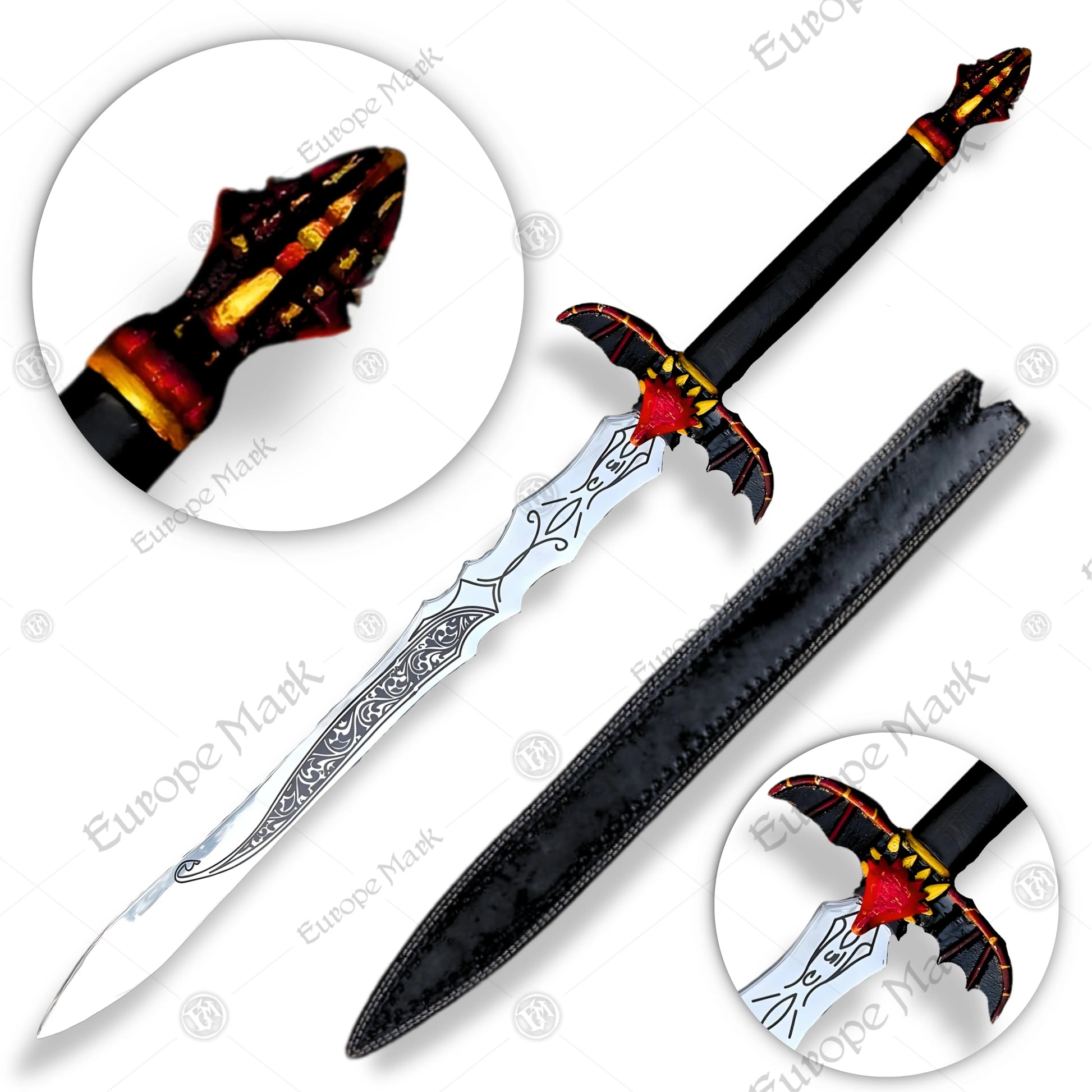 Premium Viking Dragon Forged Sword Replica with Walnut Stand.