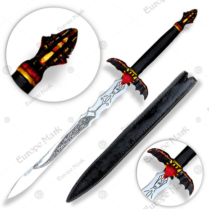 Premium Viking Dragon Forged Sword Replica with Walnut Stand.