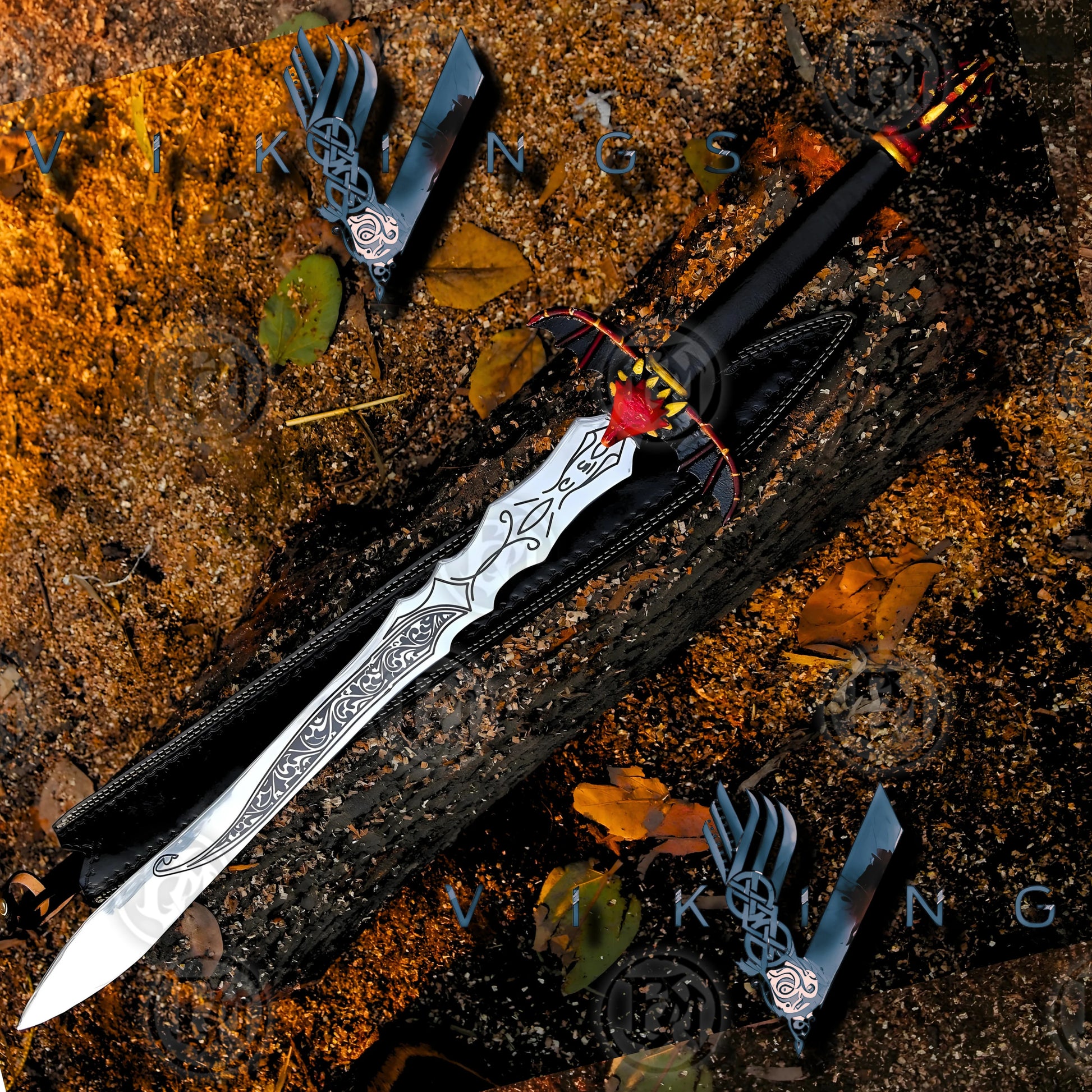 Premium Viking Dragon Forged Sword Replica with Walnut Stand.