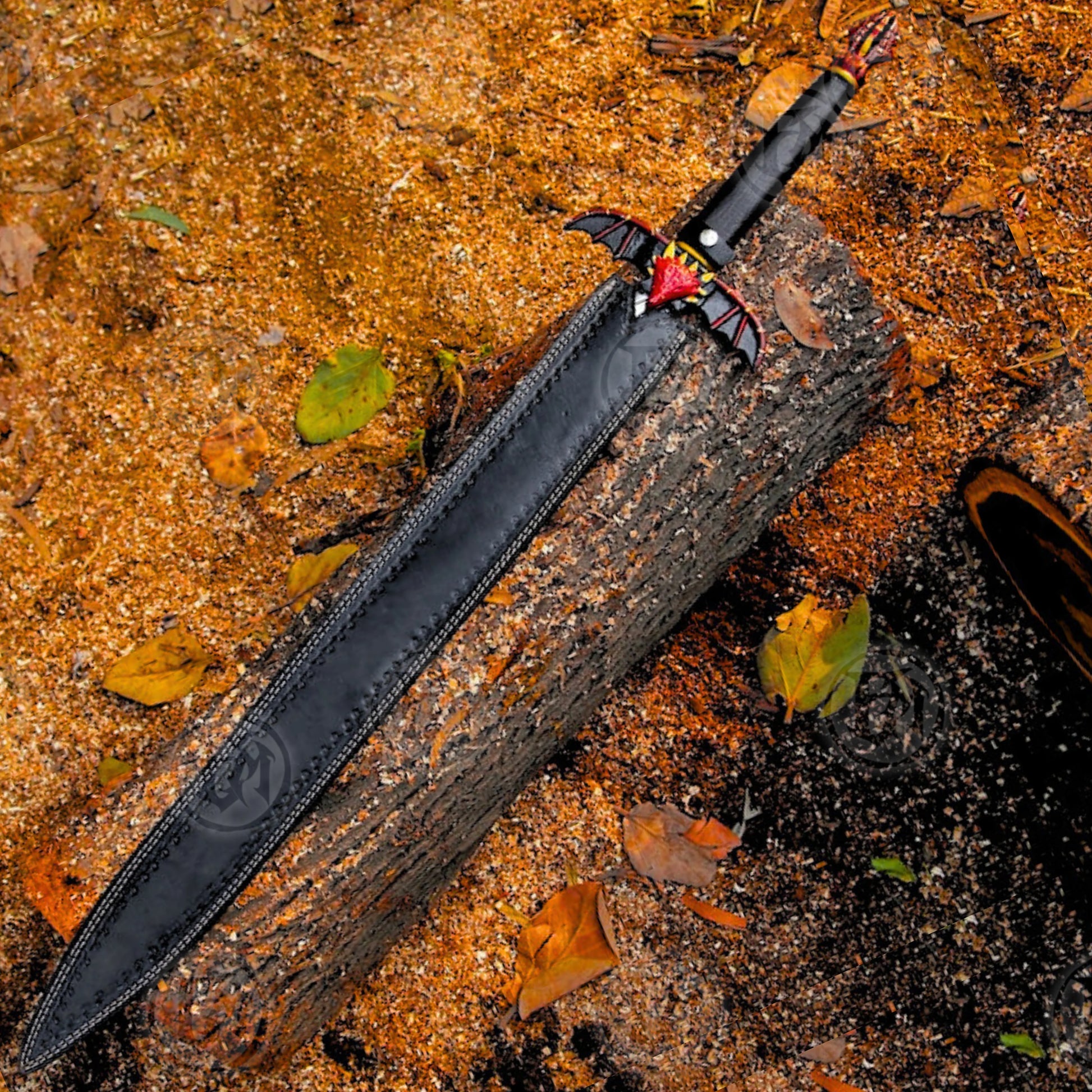 Premium Viking Dragon Forged Sword Replica with Walnut Stand.