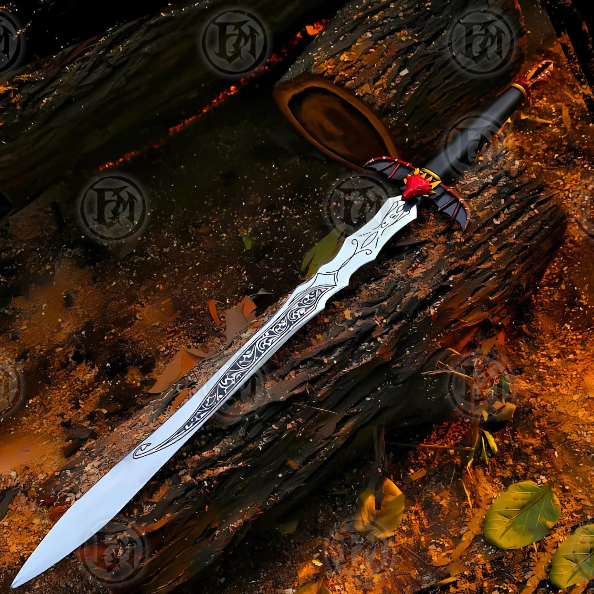 Premium Viking Dragon Forged Sword Replica with Walnut Stand.