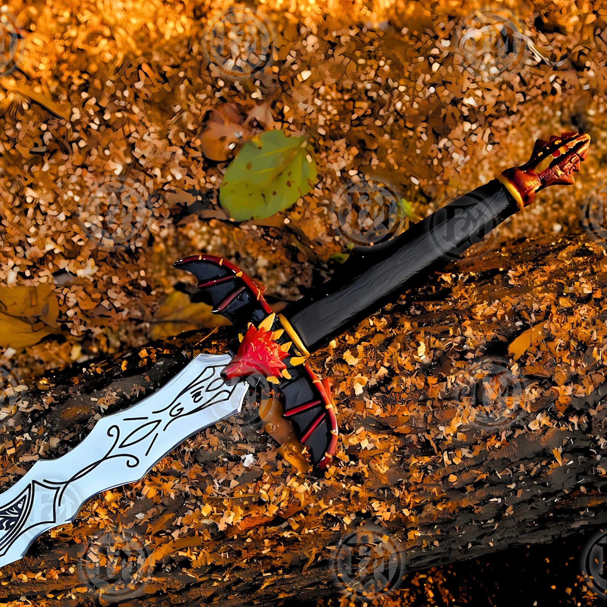 Premium Viking Dragon Forged Sword Replica with Walnut Stand.