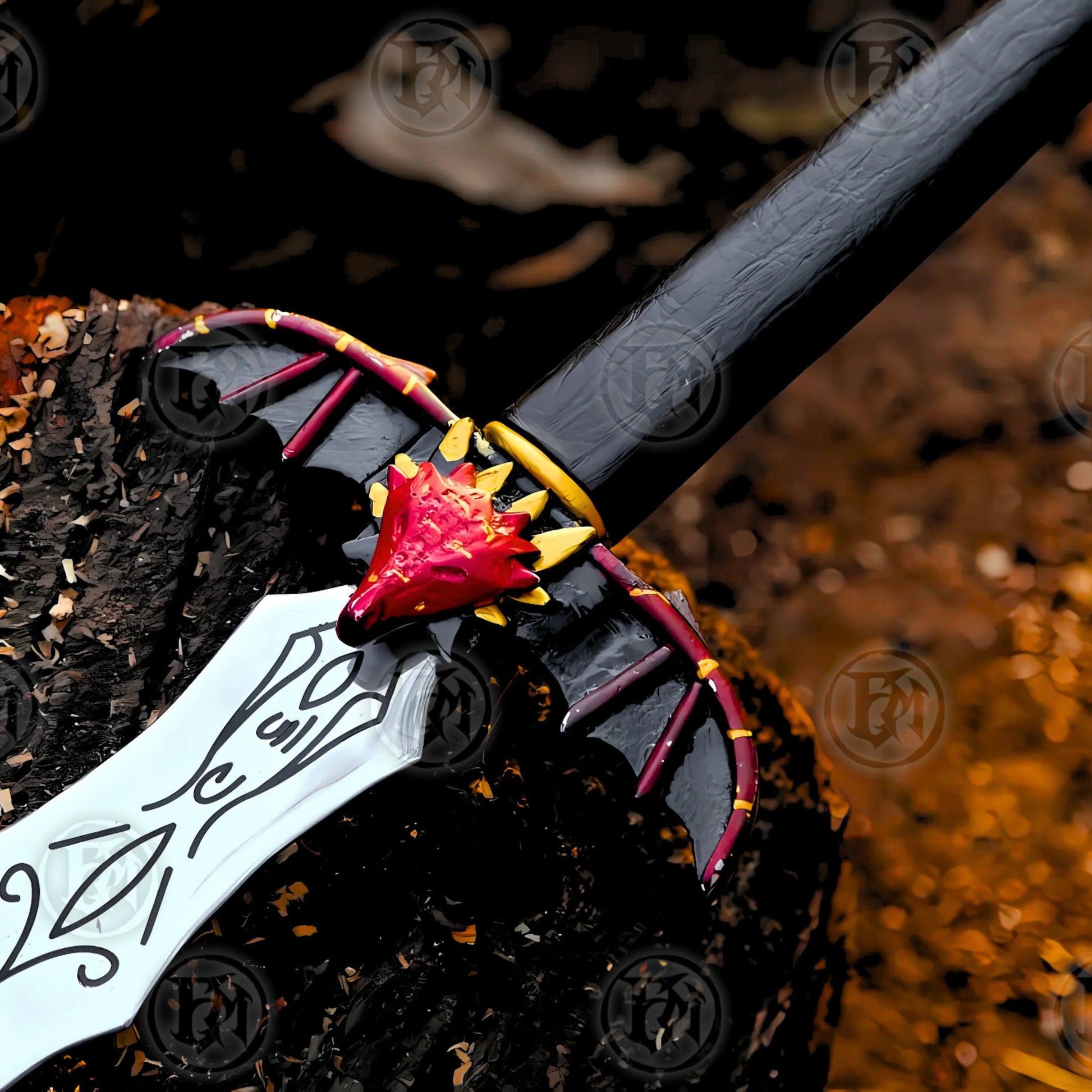 Premium Viking Dragon Forged Sword Replica with Walnut Stand.