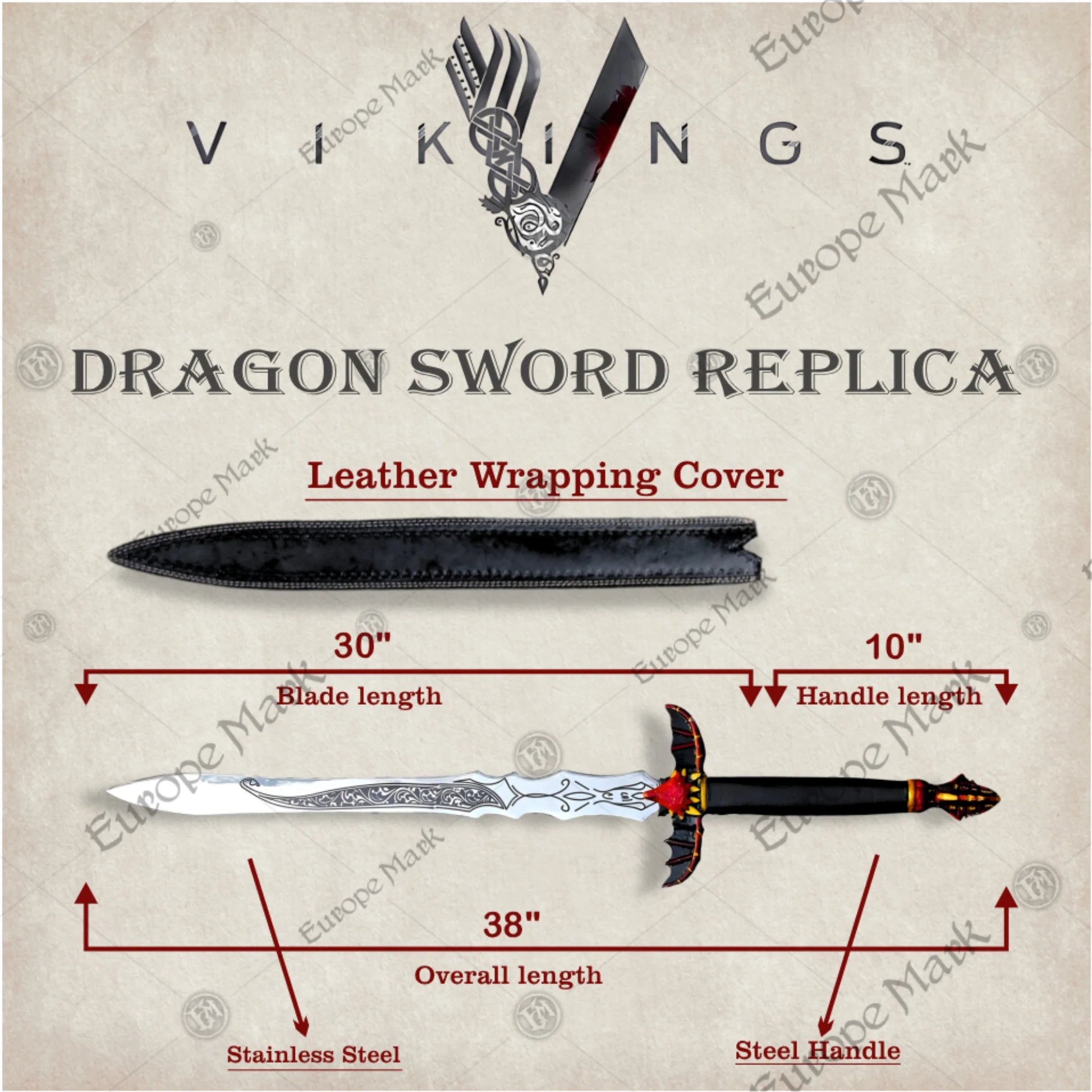 Premium Viking Dragon Forged Sword Replica with Walnut Stand.
