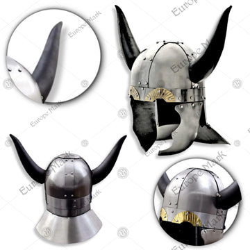 Premium Viking Horned Saga Helmet Replica with Mahogany Stand