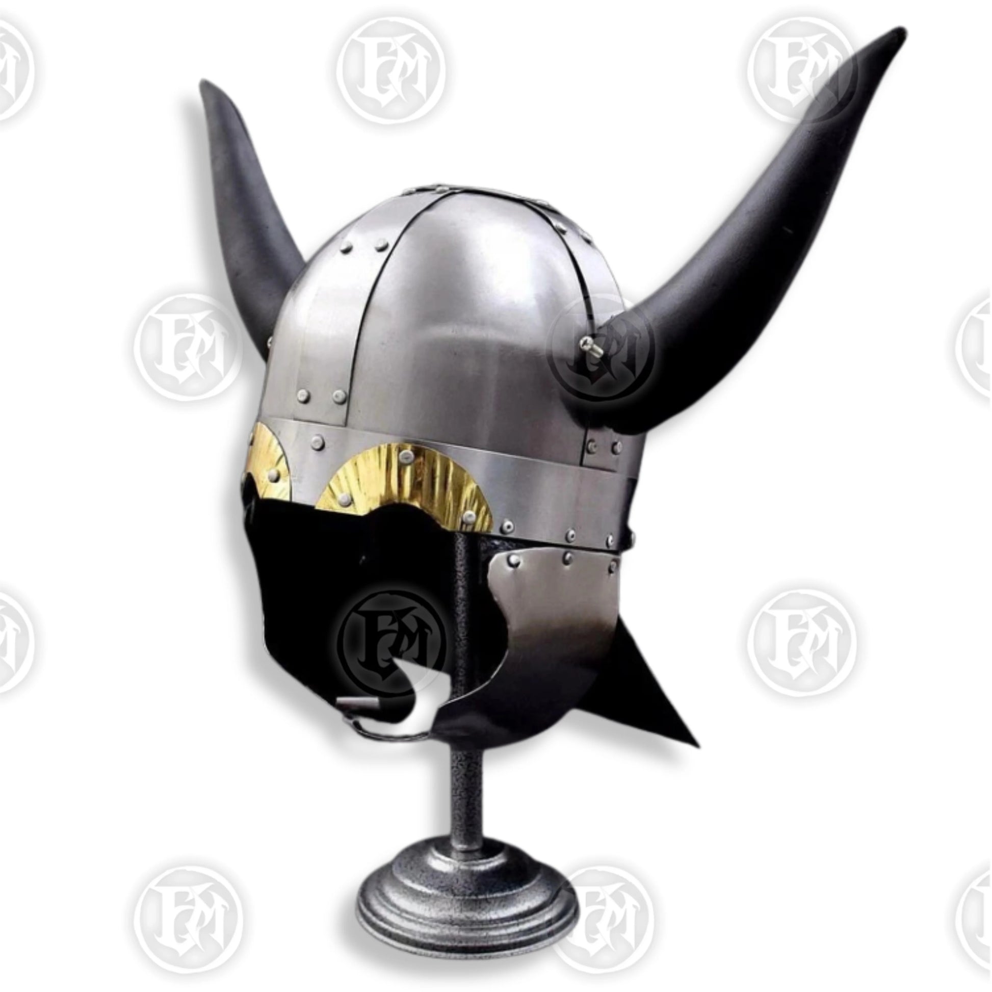 Premium Viking Horned Saga Helmet Replica with Mahogany Stand