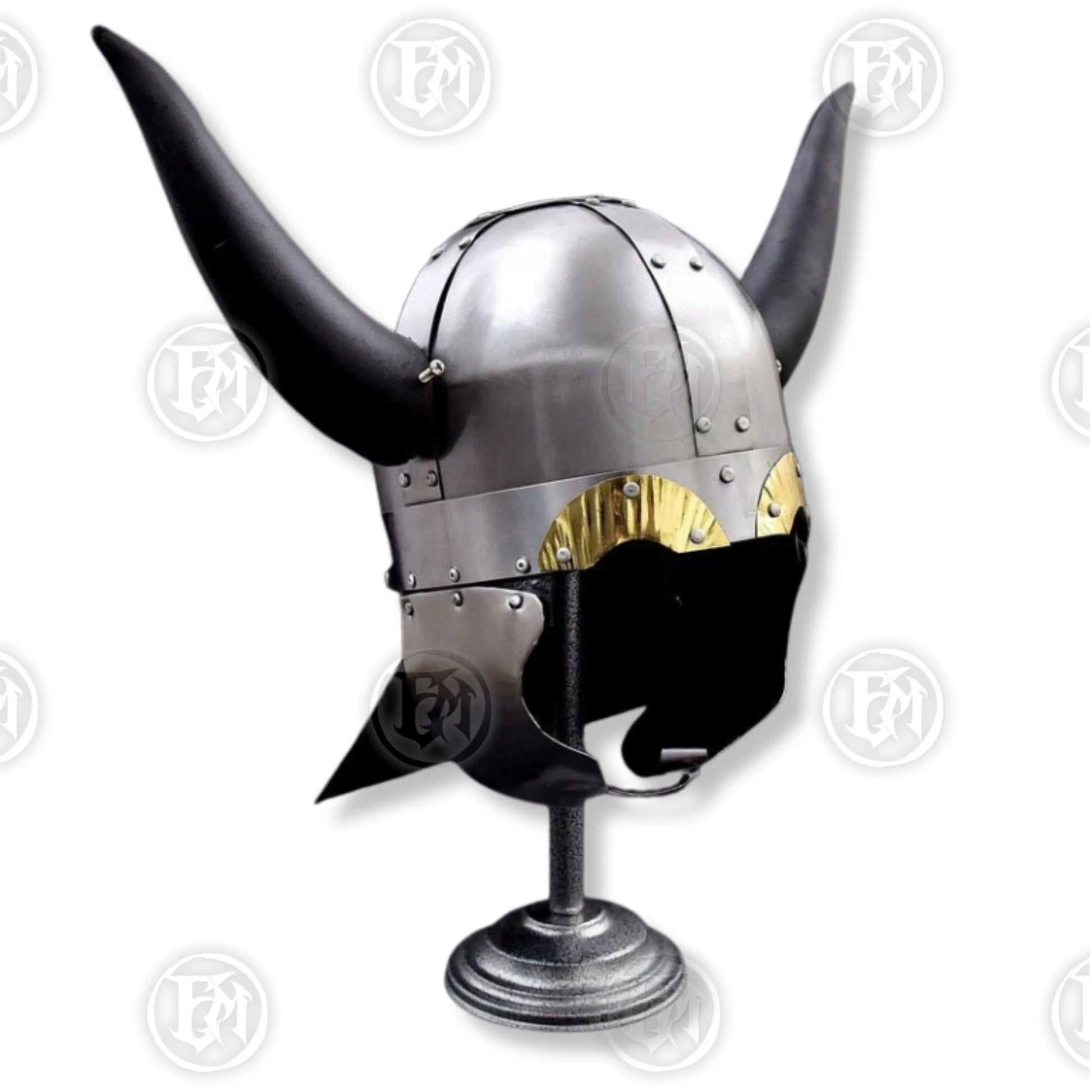 Premium Viking Horned Saga Helmet Replica with Mahogany Stand