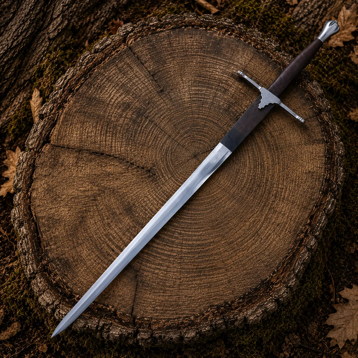William Wallace Braveheart Longsword with silver blade, straight crossguard and dark handle displayed on a forest tree stump