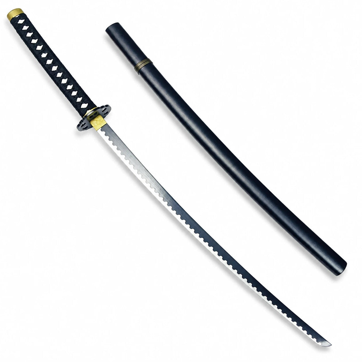 Yami Sukehiro-inspired katana beside black wooden sheath with two-tone blade, wrapped handle and gold fittings