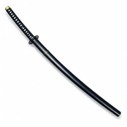 Fully sheathed Yami katana showing black wooden saya, black wrapped grip, white diamond details and gold pommel