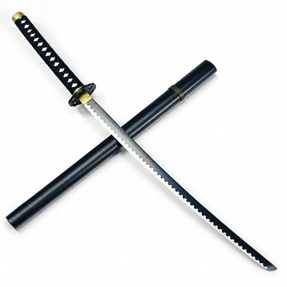 Crossed display of Yami Sukehiro katana and black sheath highlighting wavy blade detail and perforated guard
