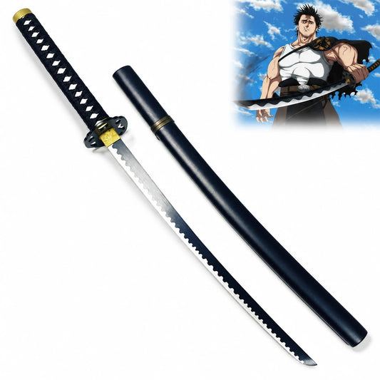 Yami Sukehiro character artwork beside Black Clover-inspired katana with black sheath and two-tone carbon steel blade