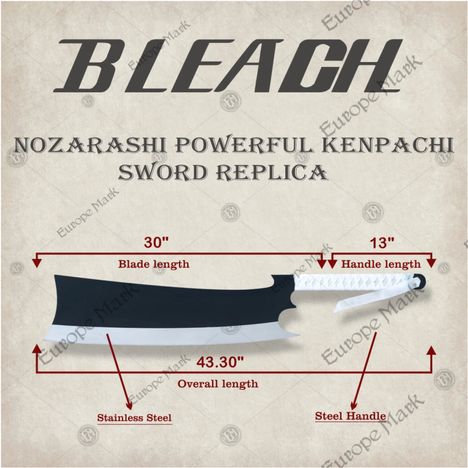 Premium Zaraki Nozarashi Shikai Sword Replica Bleach with Mahogany Stand.